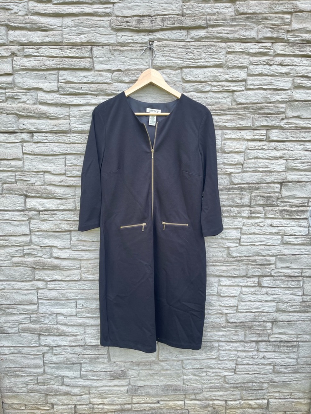 Orvis Black Long-Sleeve Zip-Front Dress with Gold Zippers Size S (6/8)
